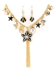 Womens Fashion Jewelry Sets Black Enamel Starfish Tassel Charm Necklace and Earring Set