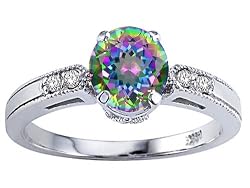 1.29 cttw Genuine Mystic Rainbow Topaz and Diamond Engagement Ring in 14k White Gold Size 4