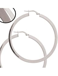 14k White Gold, Plain Round Hollow 3mm Square Tube Circular Hoop Earring 55mm Inside Diameter Snap Down Clasp