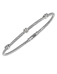 Silver Rhodium Plated Polish 7.25" 2.65mm Basketweave Bangle With Box Catch And .03 Carat Diamond