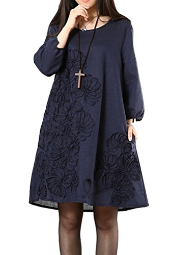 （モダンミス）Mordenmiss 5分袖ハフ丈ワンピース レデイース 立体なフラワー コットンリネン