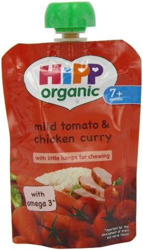 Hipp Organic Mild Tomato and Chicken Curry Pouch Stage 2 from 7 Months 130 g (Pack of 2, Total 10 Pouches)