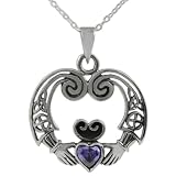 Sterling Silver Celtic Amethyst Claddagh Pendant with 18 inch Cable Chain