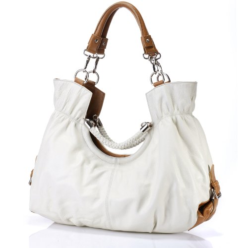 Maselle Beige White Italian Leather Tote Handbag Maselle Beige White Italian Leather Tote Handbag