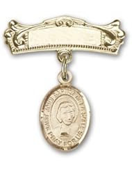 14K Gold Baby Badge with St. John Baptist de la Salle Charm and Arched Polished Badge Pin