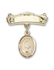 Gold Filled Baby Badge with St. John Baptist de la Salle Charm and Arched Polished Badge Pin