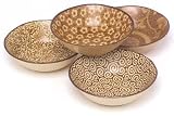 Japanese Stoneware Shallow Bowls Set Includes 4 Bowls Each with a Different Design, Sepia