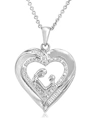 Diamond Mother and Child Heart Pendant-Necklace in Sterling SIlver (1/10ct tw - 18in. Chain)