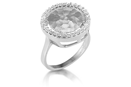 14K White Gold Matte-Finish Hammered-Finish Hand-Crafted Desginer Ring, Enhanced with Pave Set Diamonds.