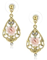 1928 Jewelry Porcelain Pink Rose and Crystal Mosaic Gold Drop Earrings