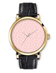 SPRAWL Aanalog Fashion Series Gold Ladies Watches of Genuine Black Leather Strap,Unique Wrist Watch for Women Girls Designed with White flowers on pink background