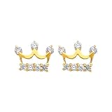 14K Yellow Gold Crown CZ Stud Earrings with Screw-back for Baby & Children