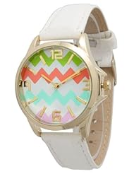 Womens Geneva Large Gold Trim Multi Color Chevron Style Leather Watch - White