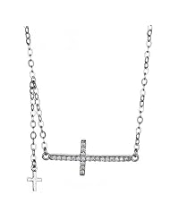 Sterling Silver Thin Horizontal Cross Pendant Necklace for Women with Cubic Zirconia