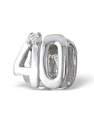 .925 Sterling Silver "Number 40 Forty 40th Birthday" Charm Bead Compatible with Pandora Chamilia Troll Charm Bracelet