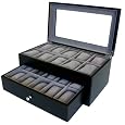 Watch Box for 20 Watches Black Matte Finish XL Extra Large Compartments Soft Cushions Clearance Window