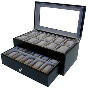 Watch Box for 20 Watches Black Matte Finish XL Extra Large Compartments Soft Cushions Clearance Window