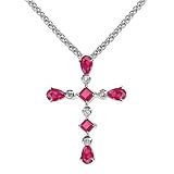 14k White Gold Ruby and Diamond Cross Pendant with Chain