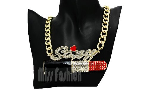 New Hip Hop Jewelry 2014, Gold Hip Hop Sexy Rhinestone Big Lipstick Fashion Chunky Chain Necklace Jewelry