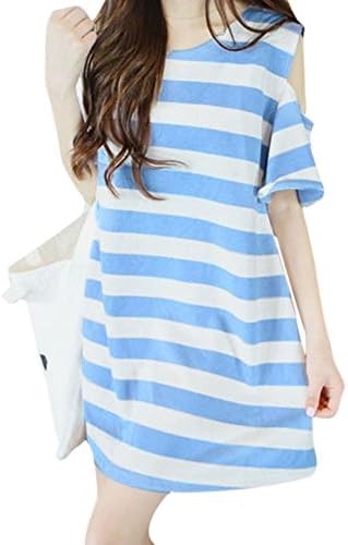 Woman Stripes Cold Shoulder Round Neck Tunic Dress Light Blue White XS