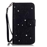 UNEXTATI Huawei P9 Lite ケース ダイヤモンド 手帳型ケース カバー カード収納 ストラップ 付き Huawei P9 Lite 用 Case Cover (ブラック)