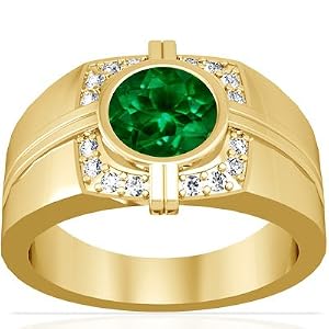 14K Yellow Gold Round Cut Emerald Mens Ringby 