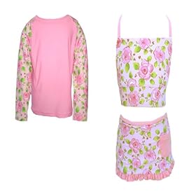 MaxOut UPF 50+, UV Protective Girl's 3 PC Outfit: Long Sleeve Rashguard, Bikini Top, & Built-in Skirt (Sizes 6mos - 6X)
