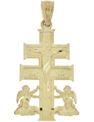 14k Yellow Gold, Caravaca Cross Jesus Christ Angel Pendant Charm 15mm Wide