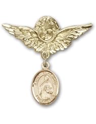 Gold Filled Baby Badge with St. Placidus Charm and Angel with Wings Badge Pin