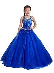 Girls Floor Length Halter Tulle  Lace Beaded Crystal Crystals  Ball Gown Pageant Dress/Party Dress 