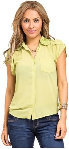 G2 Chic Women's Solid Chiffon Button Down Blouse(TOP-DSY,GRN-M)