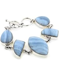 Heavy Sterling Silver Genuine Blue Lace Agate Gemstone 7" Toggle Bracelet