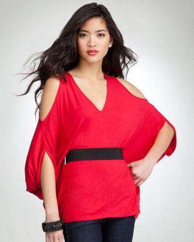 Drape Sleeve Belted Tunic Top - CRIMSON RED (L)