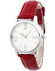 Womens Fashion Analog Dial with Cz Quartz Movement Red Leather Watch