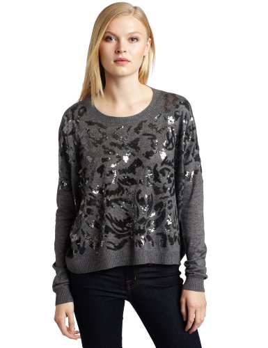 Nicole Miller Women's Long Sleeve Sequin Sweater, Heather Grey, Petite