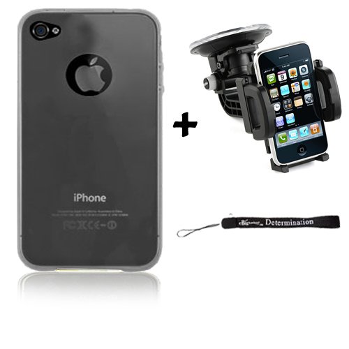 Dark Smoke Flexi Skin Cover for Apple iPhone 4 / 4th Generation compatible with 16GB / 32GB + 4-inch eBigValue (TM) Determination Hand Strap Key Chain + Includes a Rotadable GPS / Cell Phone Car Windshield Mount compatible for your iPhone 4