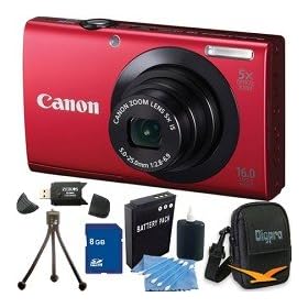 Canon PowerShot A3400 IS 16.0 MP Digital Camera with 5x Optical Image Stabilized Zoom 28mm Wide-Angle Lens with 720p HD Video Recording and 3.0-Inch Touch Panel LCD 8gb Deluxe Bundle With Digpro Case Red
