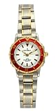IMAGE OF Peugeot Ladies Two Tone Red Sport Bezel Bracelet Watch with a White Dial, Luminous Hands, and an Adjustable Fold Over Clasp