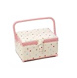 Sewing Basket, single handle. Antique white background with coloured spots & pink pattern and matching edging.