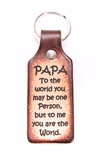 KEYCHAIN--Durable Brown Leather--PAPA--you are the world--Gift Box and Bow included!