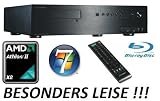 HTPCAmdBluray-810 w7 AMD Athlon X2 265 2x 3,3GHz 4GB DDR3 (2x 2GB) Mainboard mit AMD-880G-Chipsatz (1x PS/2, 1x VGA, 1x DVI-D Port, 1x HDMI Port, 1x Optical SPDIF, 5x USB2.0, 1x eSATAII, 1x USB3.0, 1x RJ-45 LAN, 5x HD Audio) 500GB Sata2 Bluray-Combo (BR-Lesen/DVD-Brennen) Slim-HTPC-Gehäuse in Schwarz aus gebürstetem Aluminium mit Front-USB/Audio/Multimediatasten und Fernbedienung (34.30 cm x 42.00 cm x 10.30 cm) DER SUPERLEISE BLURAY-WOHNZIMMER-PC MIT WINDOWS7 HOME-PREMIUM 64BIT