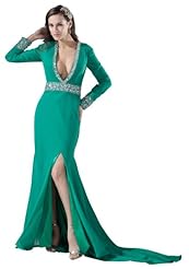 Chiffon Beaded Plunging Neck  Dress