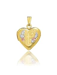 14K 3 Tone Gold Heart Floral & Cross Locket (14.5 x 14.5 mm)