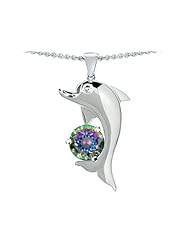 Original Star K (tm) Genuine Round 7mm Mystic Topaz Good Luck Dolphin Pendant in .925 Sterling Silver