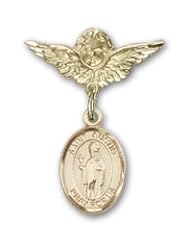 14K Gold Baby Badge with St. Austin Charm and Angel with Wings Badge Pin