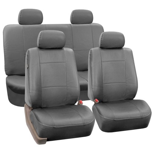 FH PU001114 PU Leather Seat Covers w 4 Detachable Headrests and Solid Bench Solid Gray
