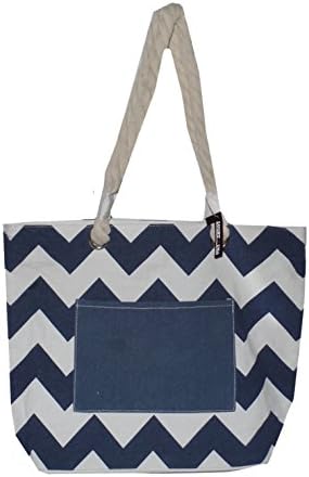 High Fashion Print Beach Tote Bag with Outside Pocket and Rope Handles *Can Be Personalized (Embroidered, Navy Wide Chevron)