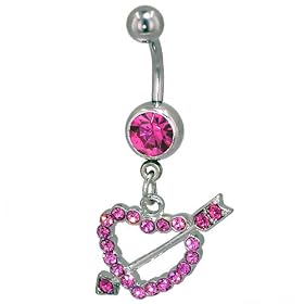 Pink Crystal Love Heart Dangle Belly Ring