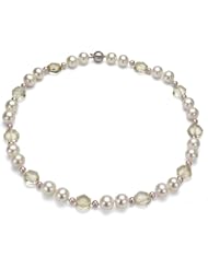 14k White Gold 10-11mm Perfect Round Cultured White Freshwater Pearl & 4-5mm Pink Freshwater Pearl and 10mm Hexagon Shape Multi Faceted Yellow Lemon Quartz Necklace 18" Length.