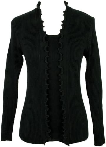 Luxury Divas Black Elegant Mock Blouse Ruffle Cardigan Sweater Size Large